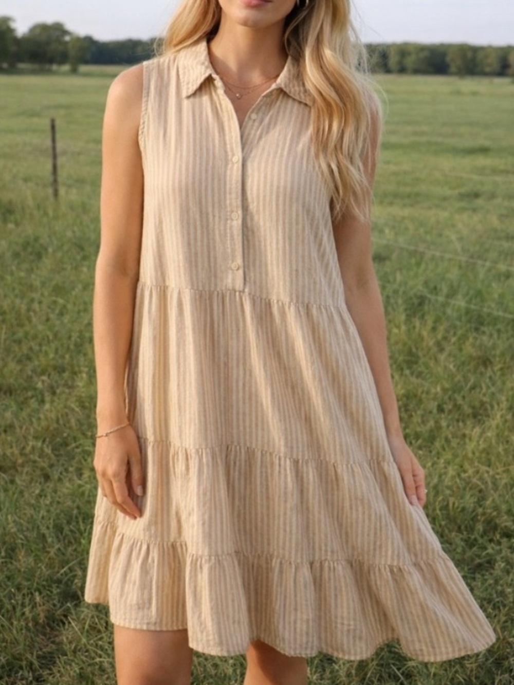 Jessica Simpson tan and white striped sleeveless dress medium